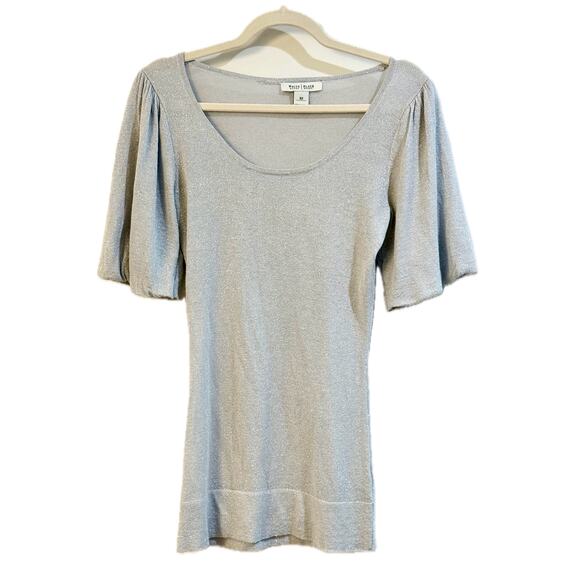 WHBM Silvery Metallic Puff Sleeve Knit Scoop Neck Top Size XS 🩶✨🩶 - Picture 2 of 8